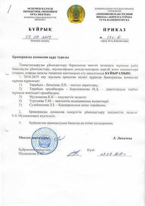 Приказ о создании бракеражной комиссии