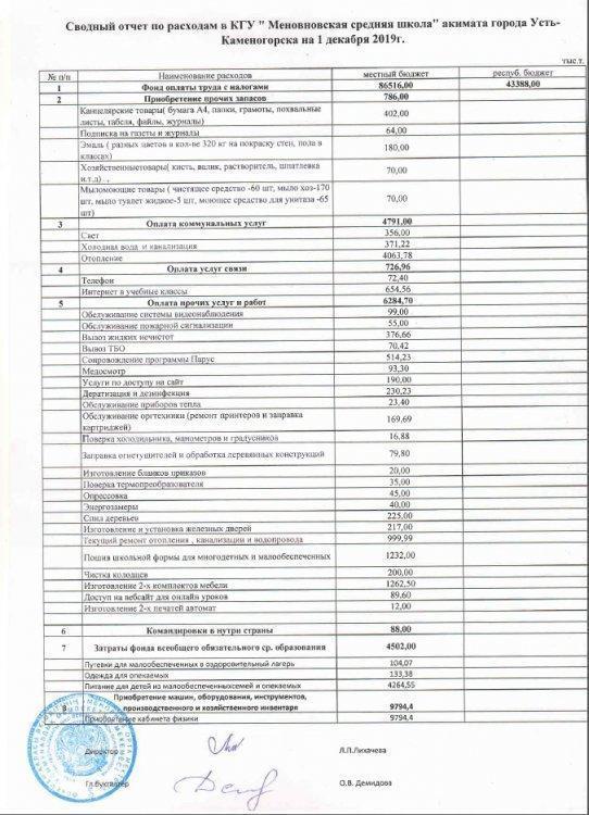 Сводный отчет по расходам ( на 1 декабря 2019 г.)