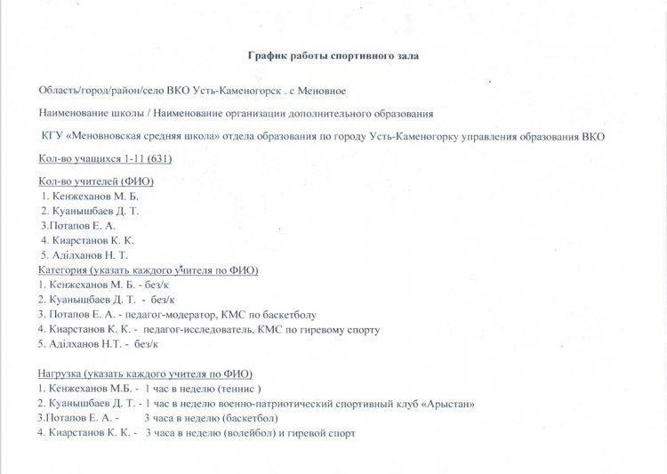 График работы спортзала