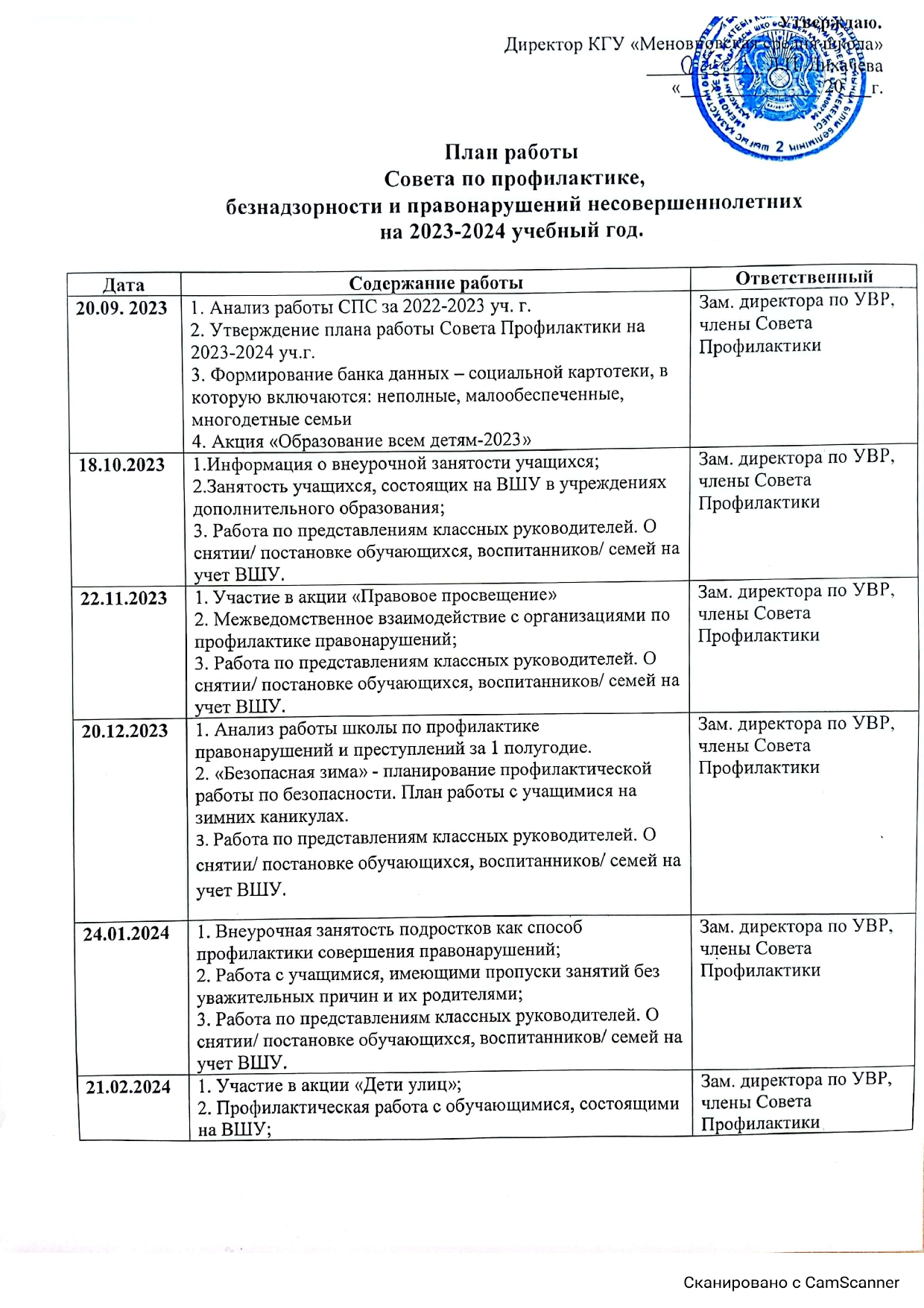 План работы совета по профилактике (2023-2024)