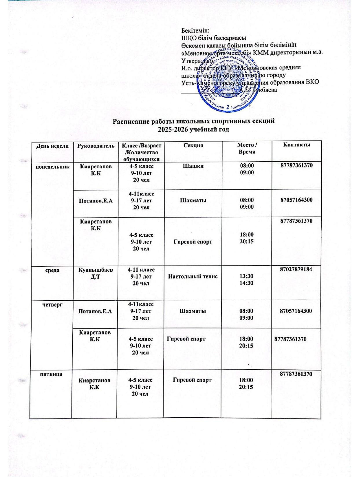 Расписание спортивных секций (2025-2026 учебный год)