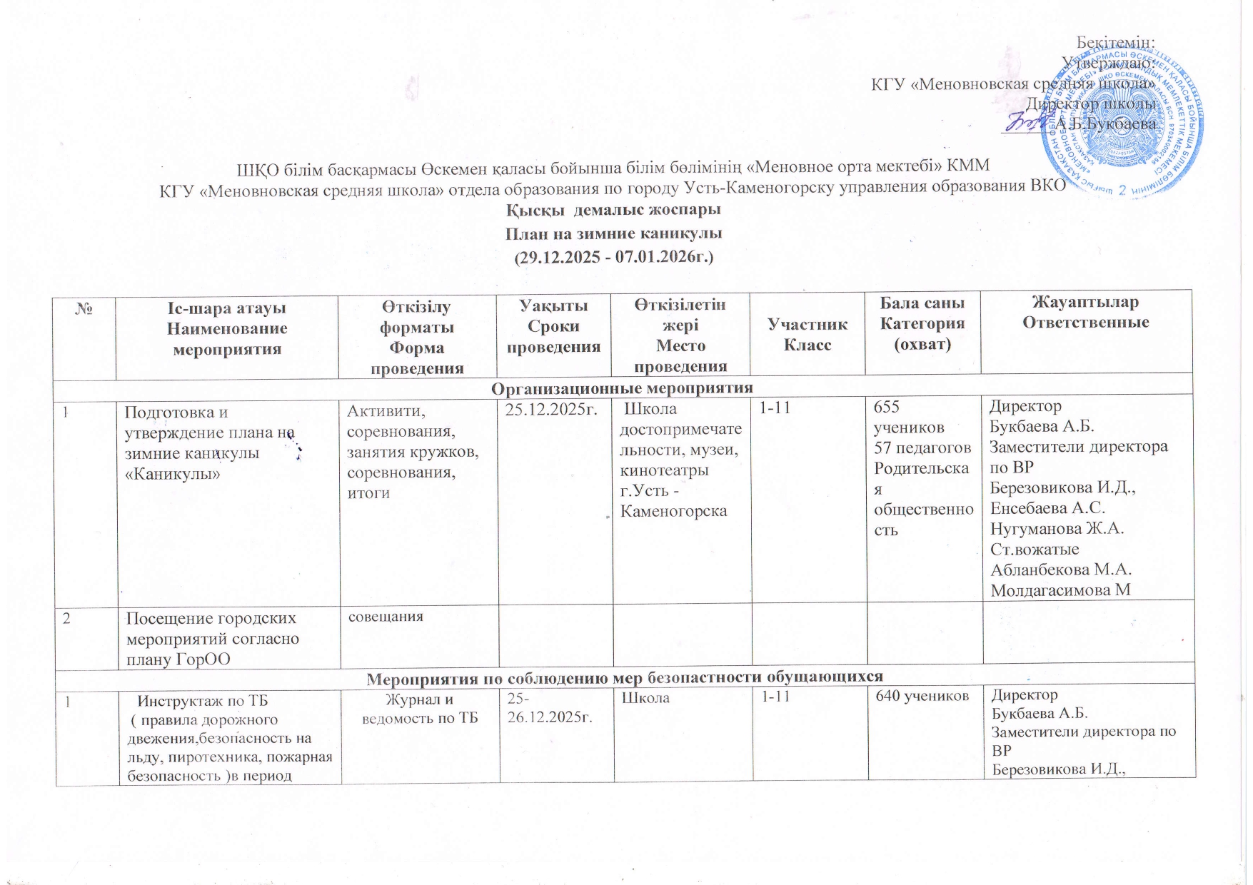 Қысқы  демалыс жоспары  План на зимние каникулы  (29.12.2025 - 07.01.2026г.)