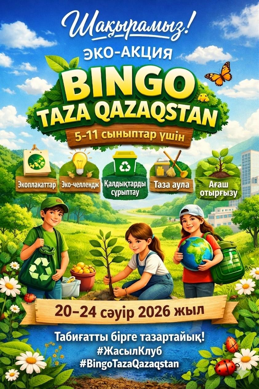 Шақырамыз! Эко- акция BINGO TAZA QAZAQSTAN 5-11 сыныптар үшін. Приглашаем вас! Экологическая акция BINGO TAZA QAZAQSTAN для учащихся 5-11 классов.