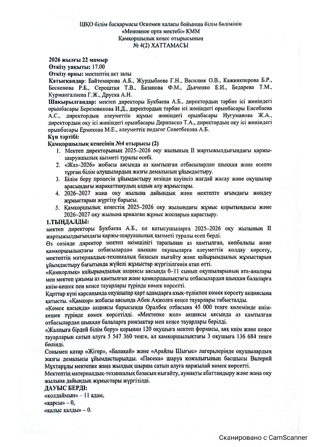 Шығыс Қазақстан облысы білім басқармасының Өскемен қаласы білім бөлімі  «Меновное орта мектебі» КММ Қамқоршылық кенес отырысының ХАТТАМА №4